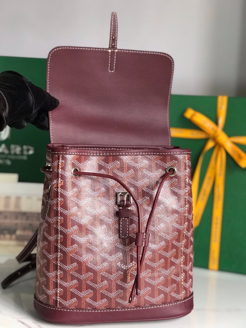 ALPIN MINI BACKPACK 21 IN WINE RED LAMBSKIN AND GOYARDINE CANVAS