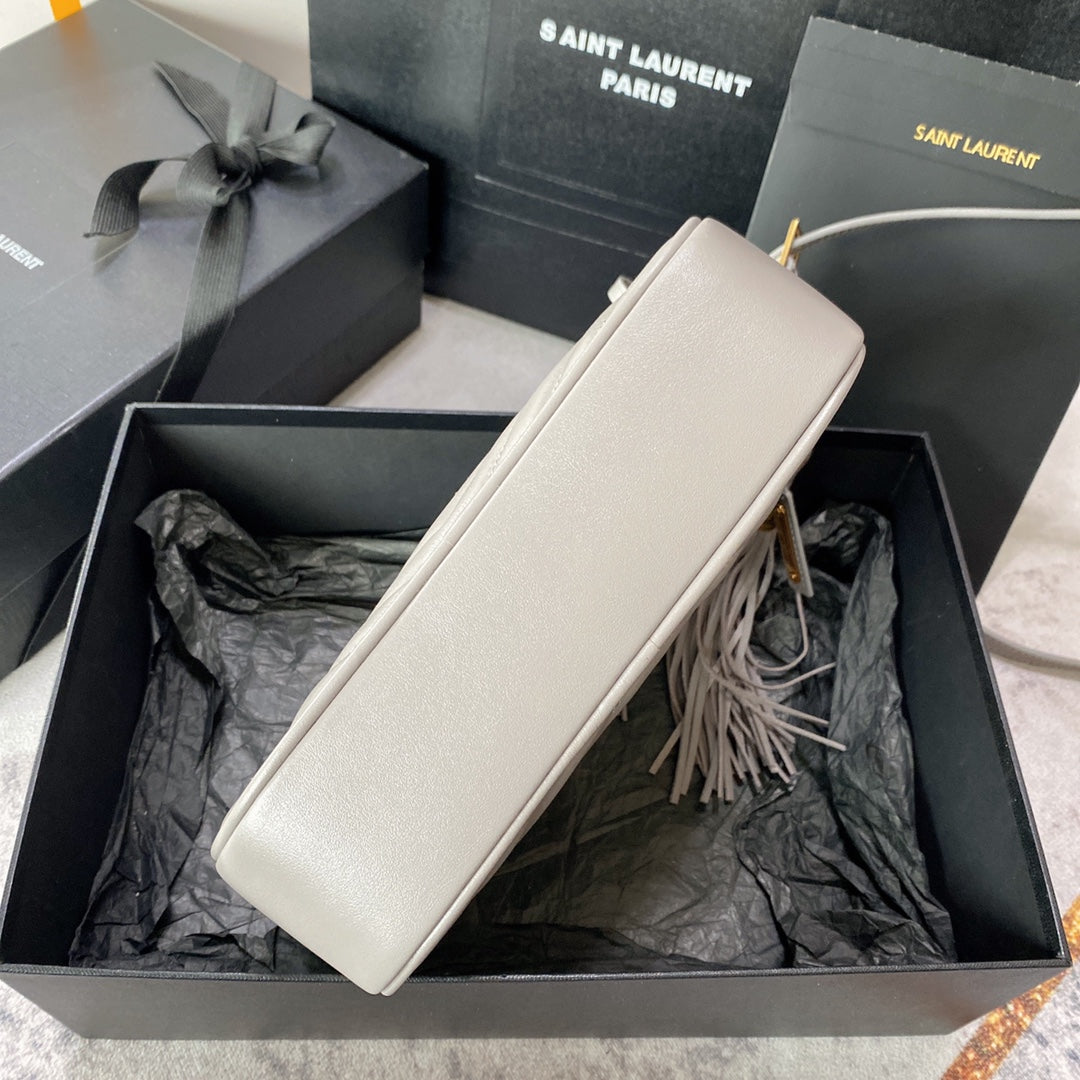 LOU CAMERA BAG 23 IN LIGHT GRAY CALFSKIN GOLD LOGO