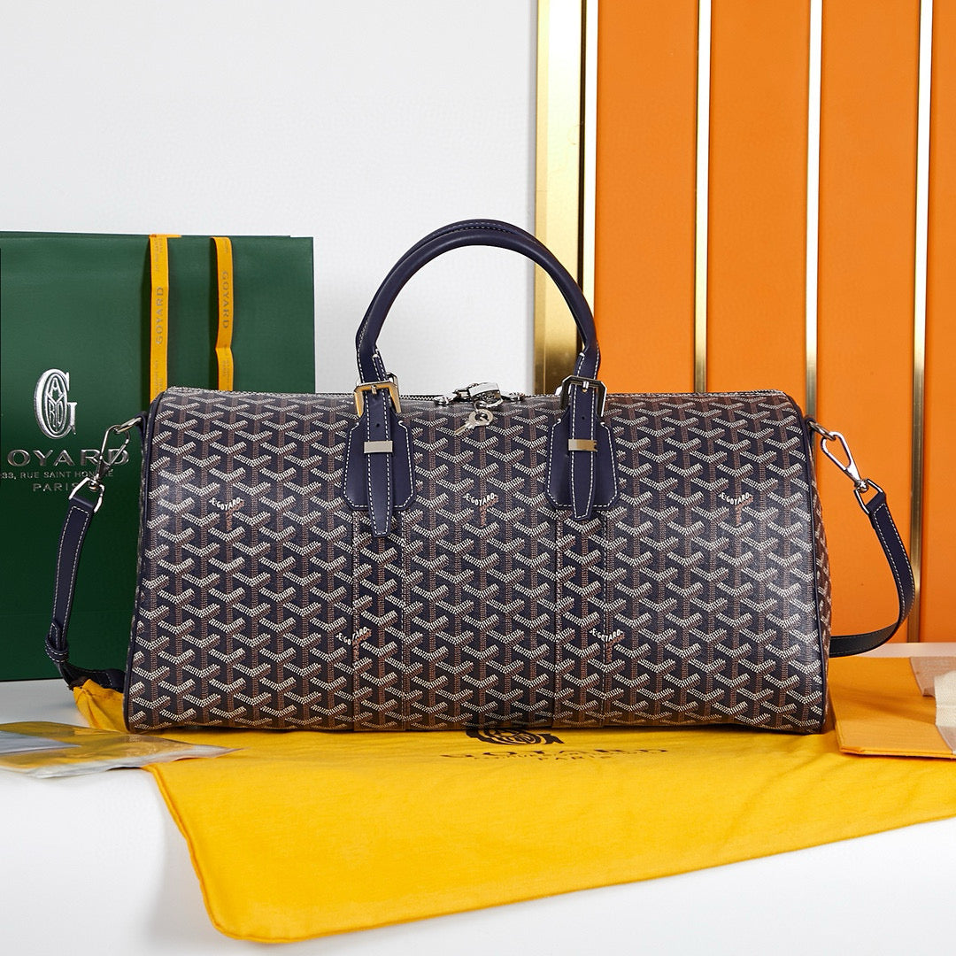 BOSTON 45 BAG IN NAVY BLUE GOYARDINE CANVAS AND CALFSKIN TRIM