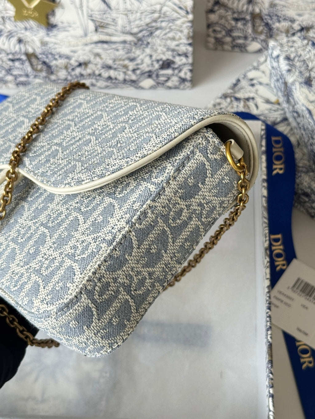 DIOR 25S MEDIUM SADDLE POUCH WITH CHAIN 21 IN LIGHT BLUE DIOR OBLIQUE JACQUARD CANVAS