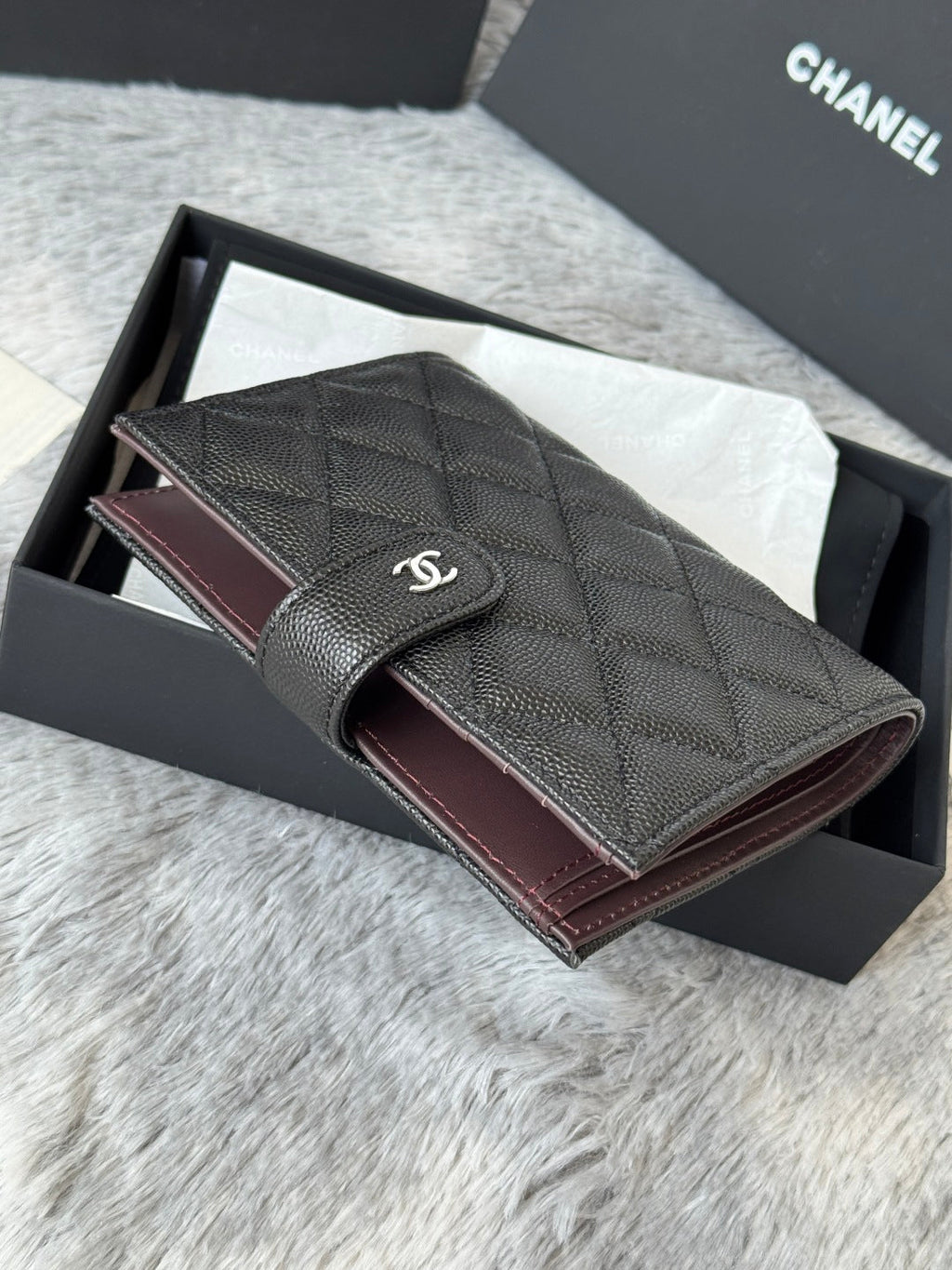 CHANEL 25S MULTI PURPOSE PASSPORT WALLET 15 IN BLACK CALFSKIN SILVER HARDWARE