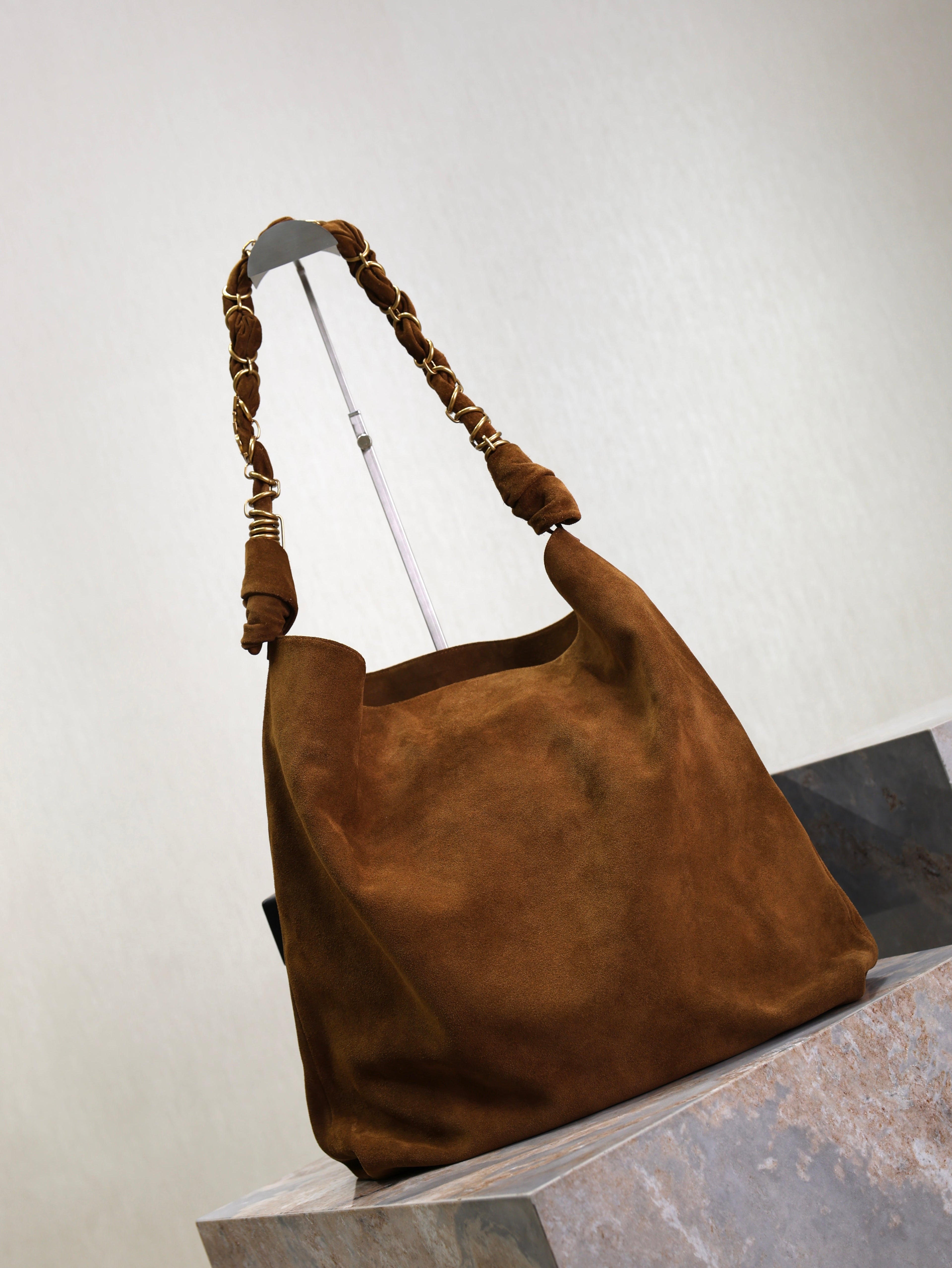 YSL 25S AMALIA 50 IN DARK CARAMEL SUEDE GOLD HARDWARE