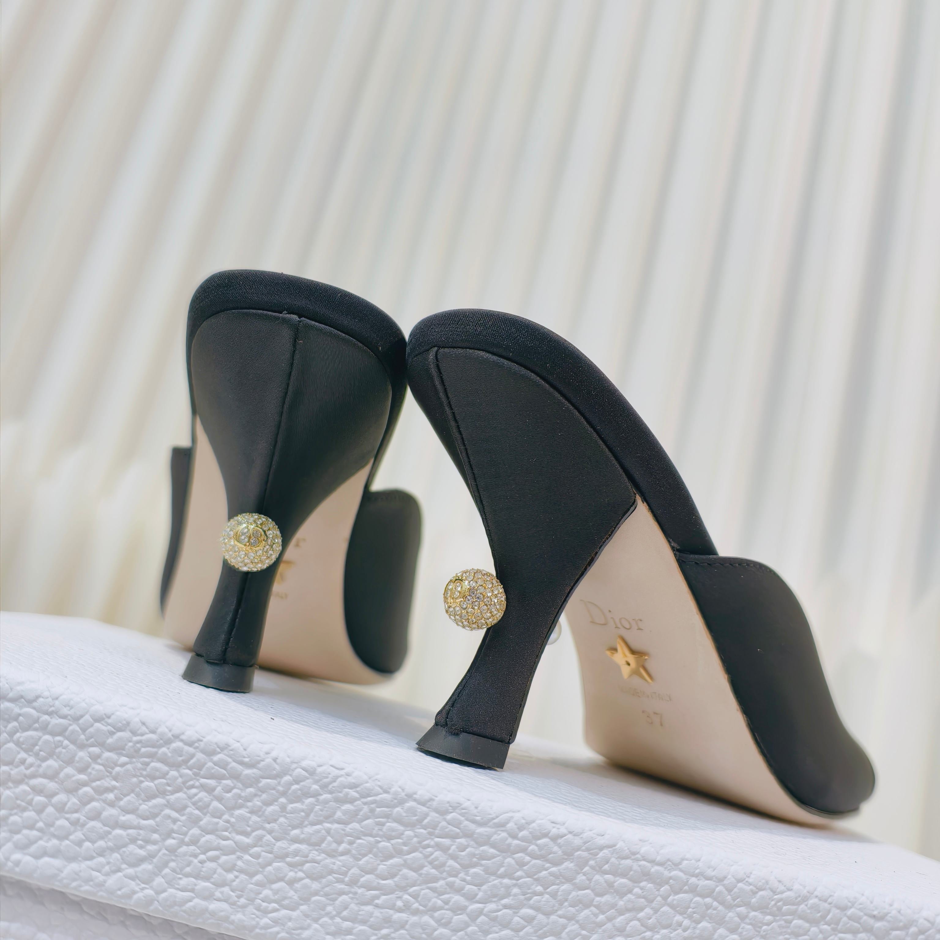 DIOR EMBELLISHED HIGH HEEL SLIDES 25S IN BLACK SATIN