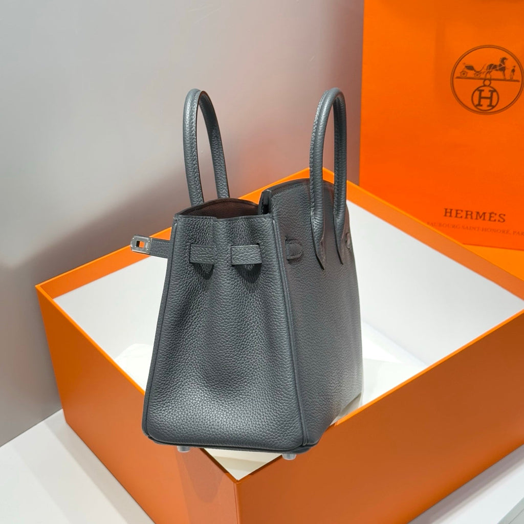 HERMES 25S MEDIUM BIRKIN 25 IN CHARCOAL GRAY CALFSKIN SILVER HARDWARE