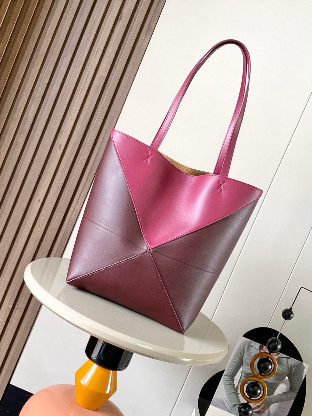 LOEWE 25S PUZZLE FOLD BAG 31 IN BURGUNDY SHINY CALFSKIN