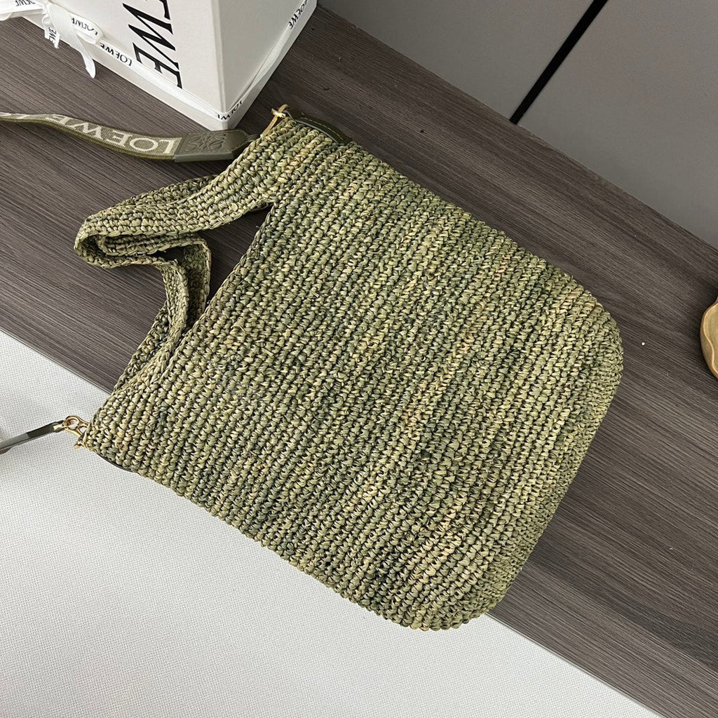 LOEWE 25S SLIT TOTE BAG 30 IN OLIVE DRAB RAFFIA CANVAS SHOULDER STRAP