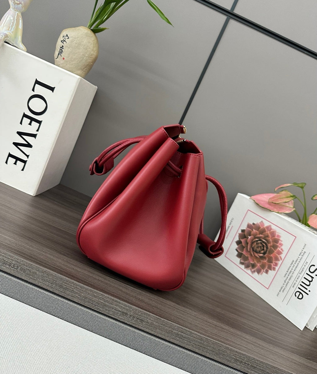 LOEWE 25S MADRID BAG 28 IN CHERRY RED CALFSKIN GOLD HARDWARE