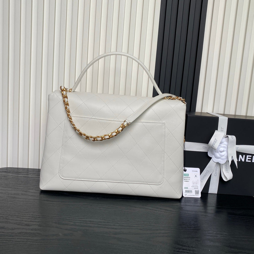 CHANEL 25S TOP HANDLE SHOULDER BAG 37 IN CREAM WHITE CALFSKIN WITH GOLD HARDWARE