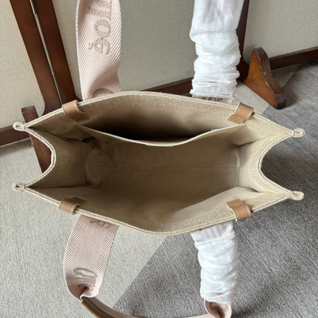 MEDIUM WOODY TOTE BAG 37 IN BEIGE LINEN CANVAS LIGHT PINK WEBBING LOGO EMBROIDERY