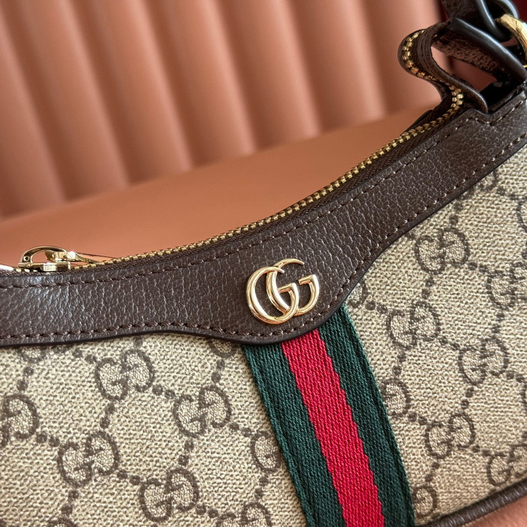 GUCCI 25S OPHIDIA SMALL SHOULDER BAG 19 IN BEIGE CANVAS AND BROWN CALFSKIN