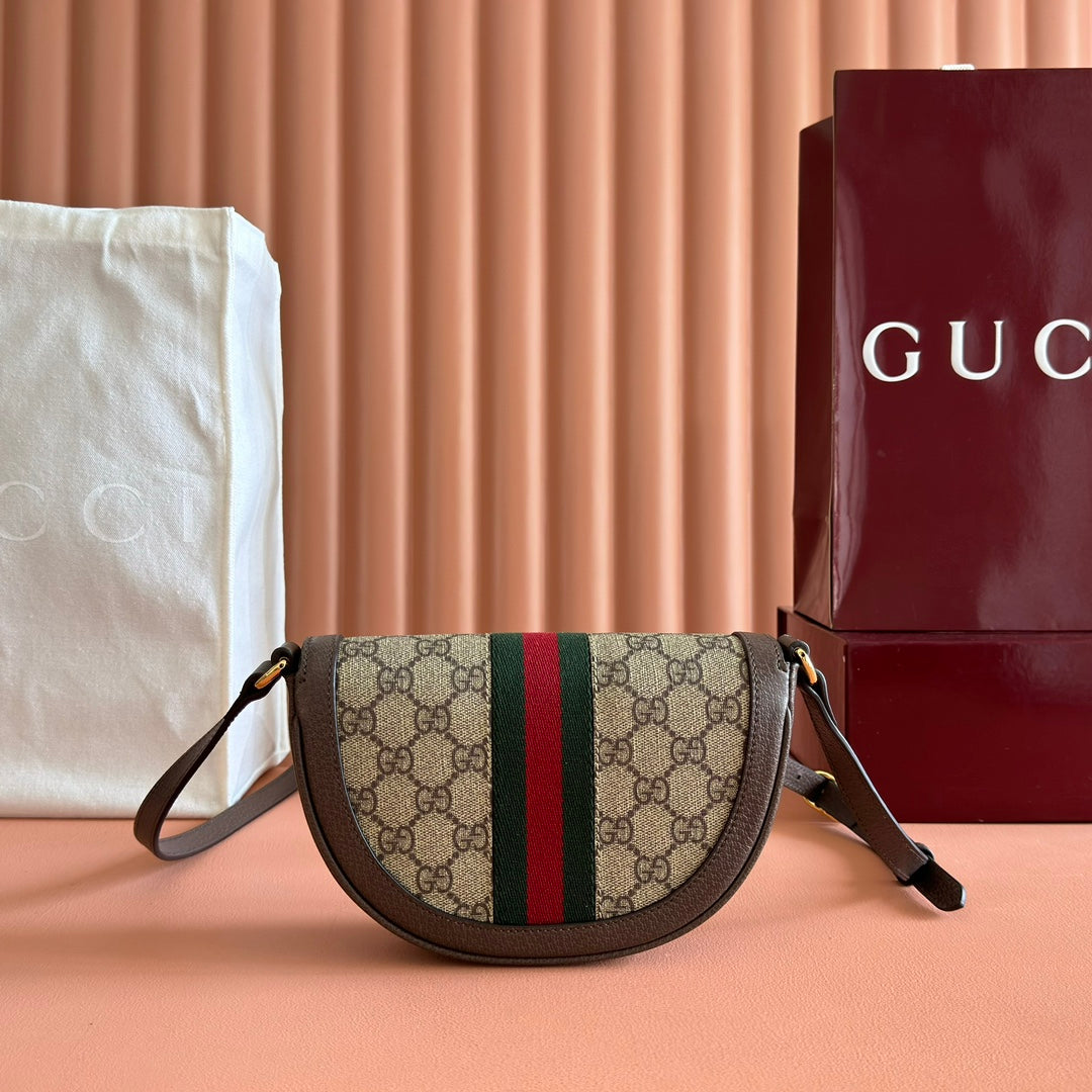 GUCCI 25S OPHIDIA MINI BAG 20 IN DARK BEIGE CANVAS AND BROWN CALFSKIN