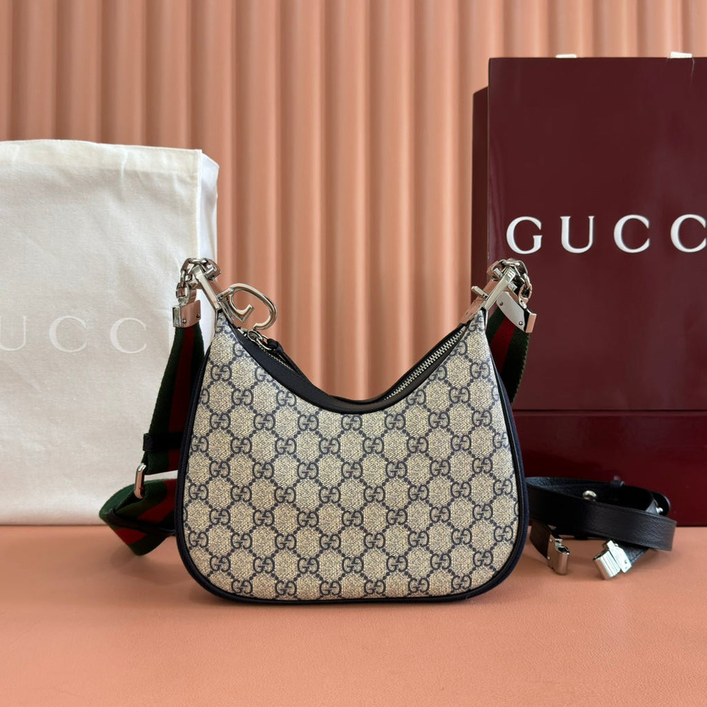 GUCCI 25S ATTACHE SHOULDER BAG 23 CM IN DARK BEIGE MIX BLACK CALFSKIN
