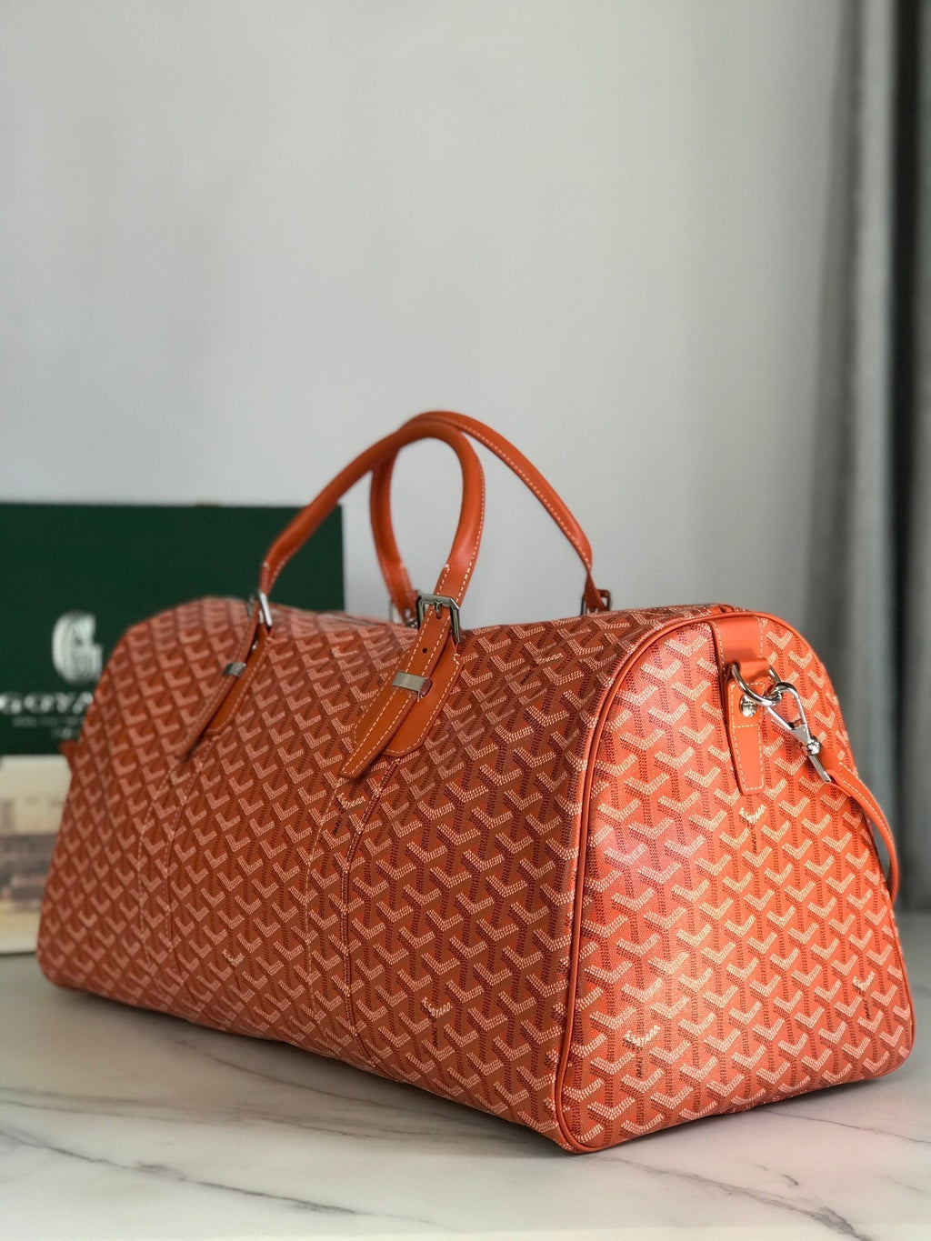 BOSTON 50 BAG IN ORANGE GOYARDINE CANVAS AND CALFSKIN TRIM